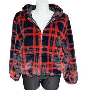 I Believe Womens Fleece Jacket Hooded Red Black Plaid Christmas Holiday 1XL